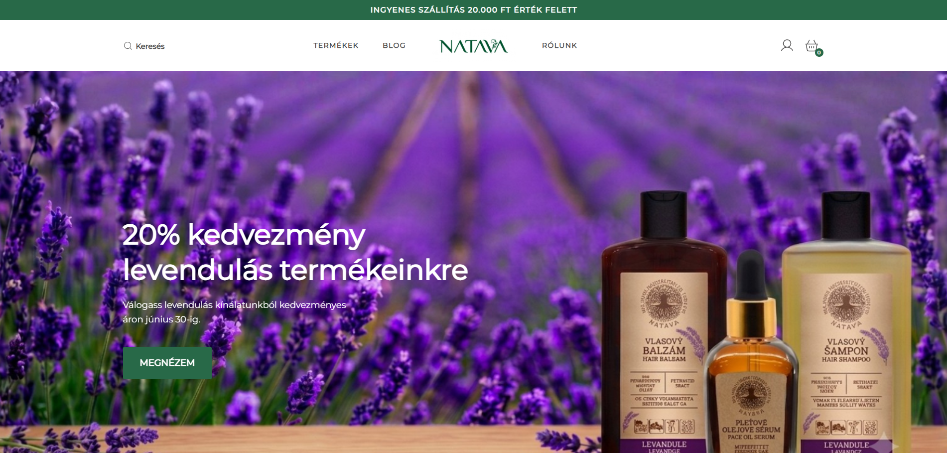 A Natava webáruház asztali nyitóoldala