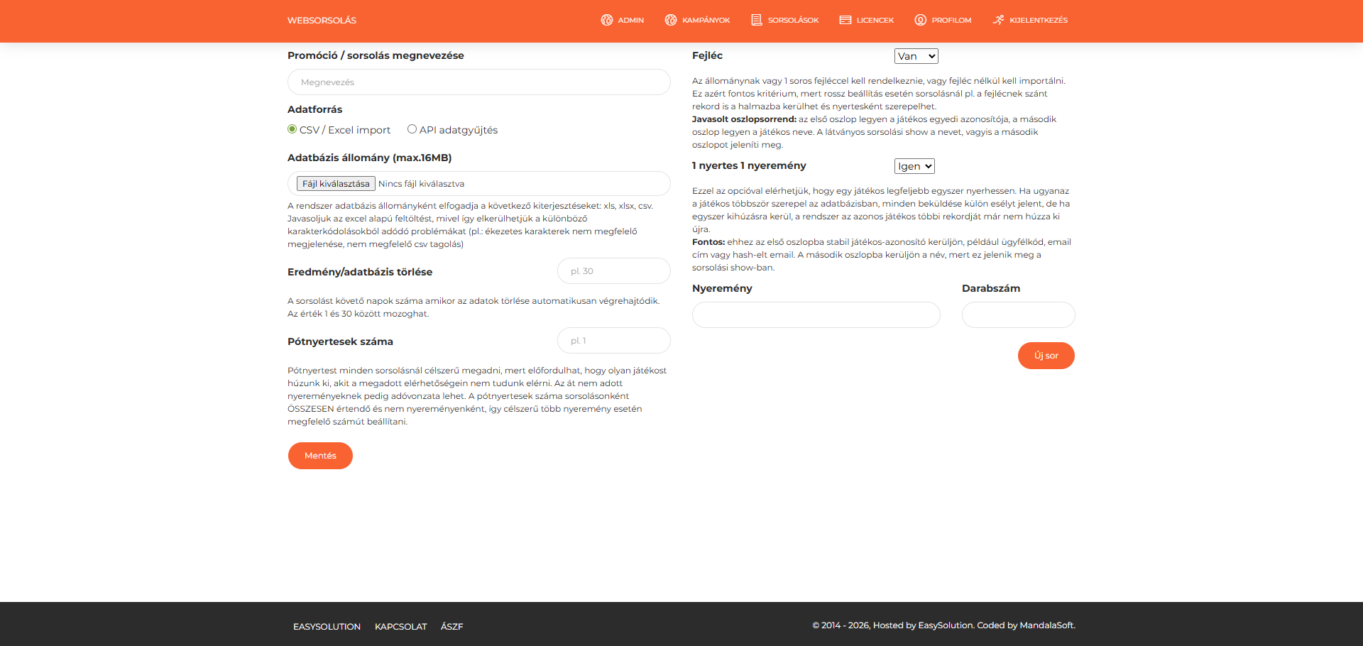 A Websorsolás kampánybeállító felülete